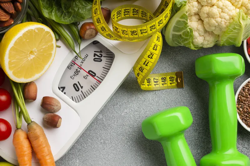 Scale, measuring tape and healthy food
